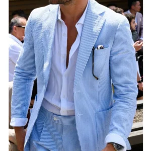2 Pieces Sky Blue Men Suits Seersucker Suits Notched Lapel Summer Leisure Beach Jacket+Pant Groom Wedding Tuxedos