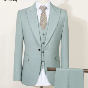 ST Cassy High Quality Men's Suit Summer thin Green Slim Fit Formal Business Office Men's Suits（jacket+Vest+Pants）
