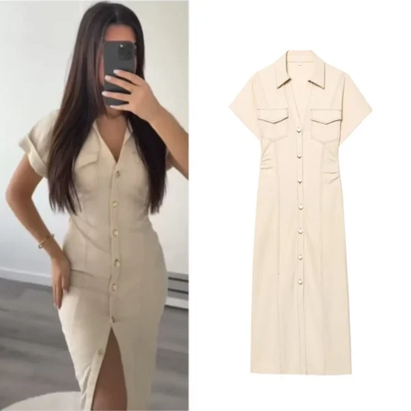ETJ 2025 summer new TRAF women's elegant fashion waist pleated V-neck short-sleeved temperament denim MIDI dress