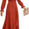 Women's Spring Fall Midi Dress Casual Long/Short Sleeve Elegant and fashionable V Neck Swiss Dot Pleated A Line Flowy Dresses