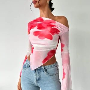 Sweet Spice Personality Style Mesh Print Diagonal Shoulder Long Sleeve Top Irregular Off-the-shoulder Short Top for Women