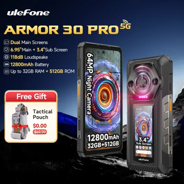 Ulefone Armor 30 Pro 5G Rugged Phone Android Smartphone 6.95" 120Hz 512GB ROM ,12800mAh 64MP Night Camera NFC Dimensity 7300X