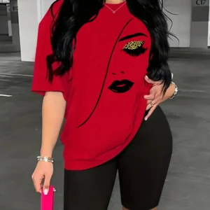 Plus Size 2 Piece Womens Sports Outfit Set - Crew Neck Short Sleeve T-shirt Top & Shorts with Medium Stretch Polyester Fabric