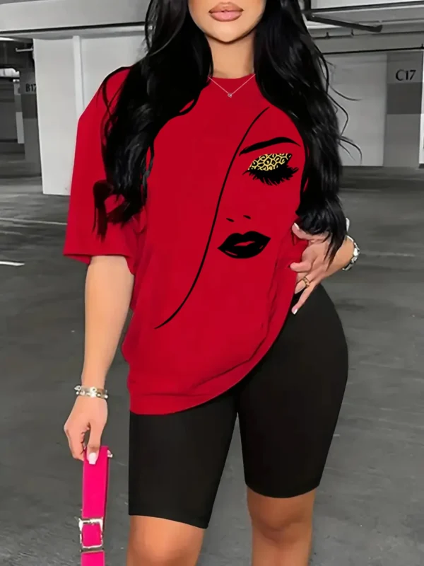 Plus Size 2 Piece Womens Sports Outfit Set - Crew Neck Short Sleeve T-shirt Top & Shorts with Medium Stretch Polyester Fabric