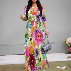 Color Splash Floral Dress S-3XL for Women V-Neck Impressionist Maxi for Vacation Resort or Spring Party Outfit