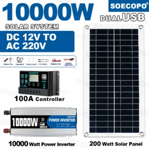 10000W Solar System Complete Kit 12V To 220V 100A Controller 200W Panel Off-Grid Inverter for Home/Camping Backup Balcony power