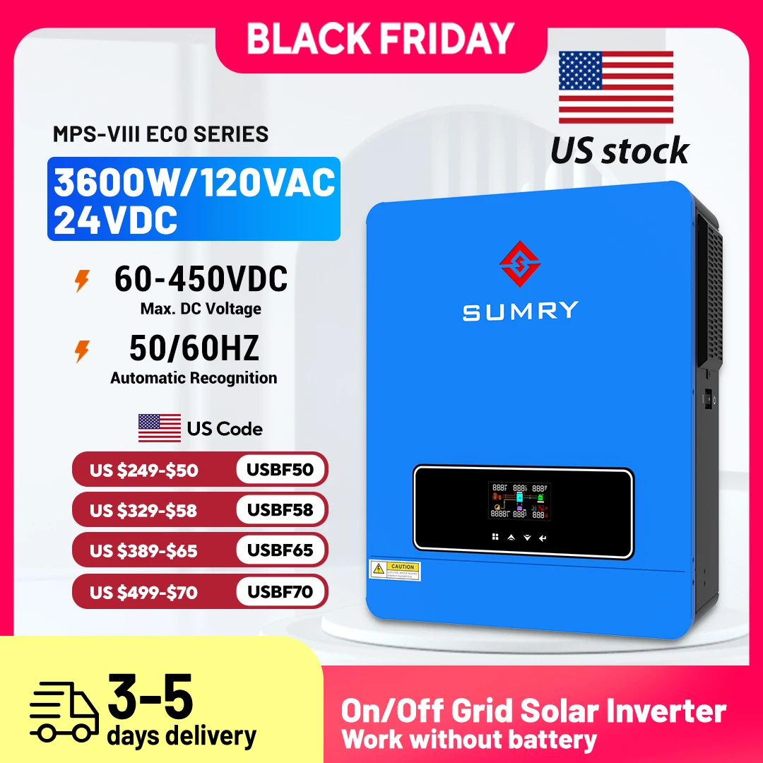 Sumry 3.6kw Hybrid Solar Inverter 110/120v 24v Dual Output with MPPT 120A 60-450v 50/60hz Home Inversor Pure Sine Wave